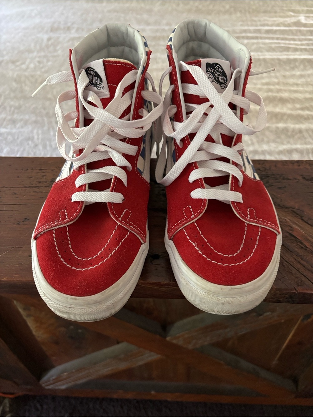 Vans Red and White High-Top Sneakers